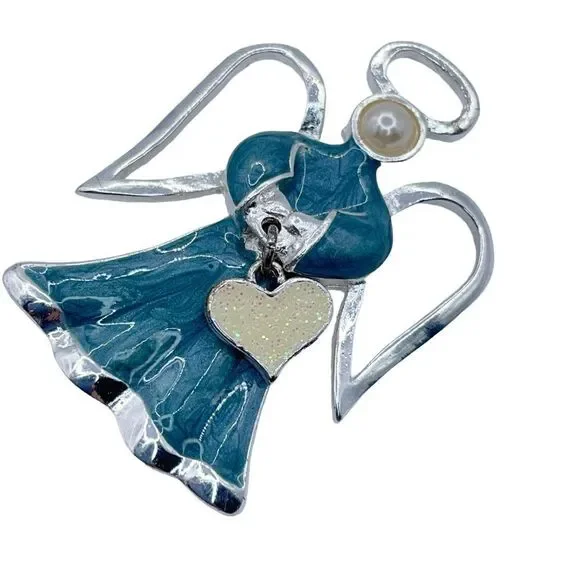 Angle Brooch Silver Tone Blue Swirl Enamel Heart Charm Faux Pearl Halo Wings - Picture 4 of 10